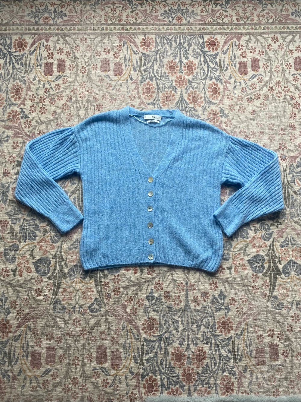 Mango Wool-Blend Blue V-Neck Ribbed Button Cardigan Sweater